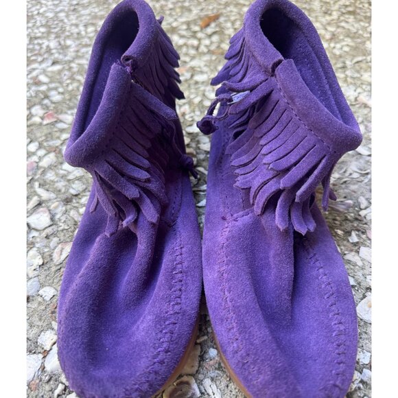 Minnetonka Kids Fringe Moccasin Boots Purple Suede Size 4 - Picture 7 of 9